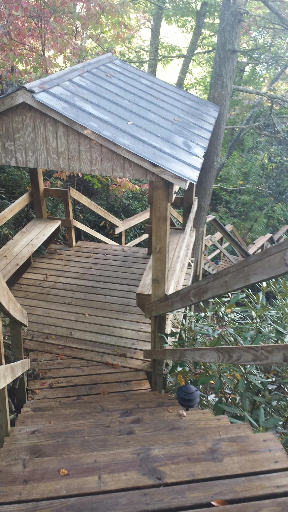 Metal roofed shelter over wooden steps on a wooded walkway — Skylight Repair & Installation work by our crew in Kerman